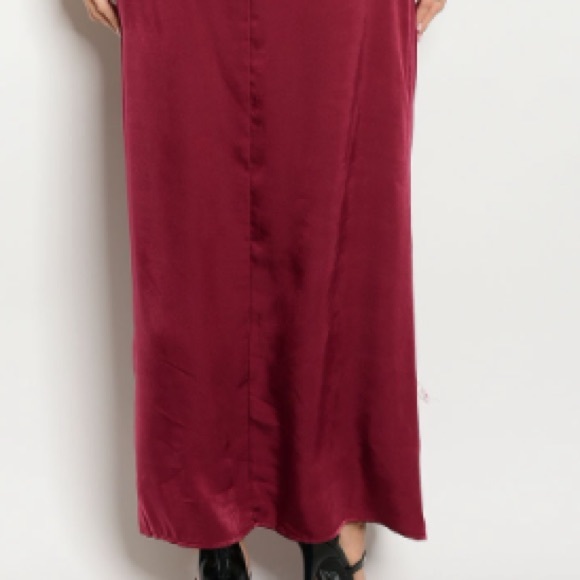 Wine Spaghetti strap wrap front satin maxi dress. - Picture 6 of 6